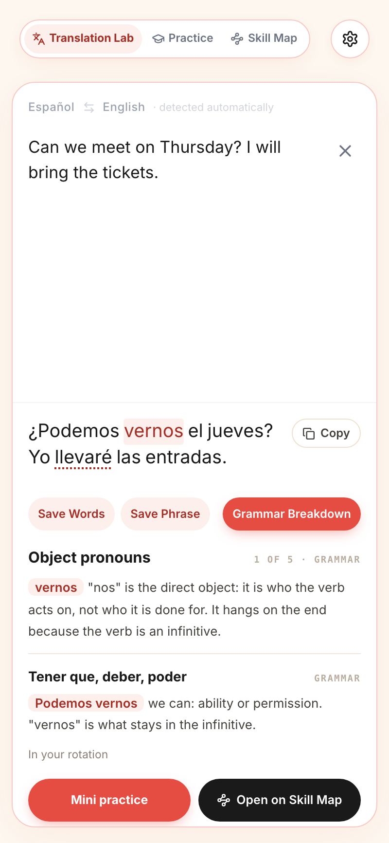 The Grammar Breakdown naming the rules in the translated sentence