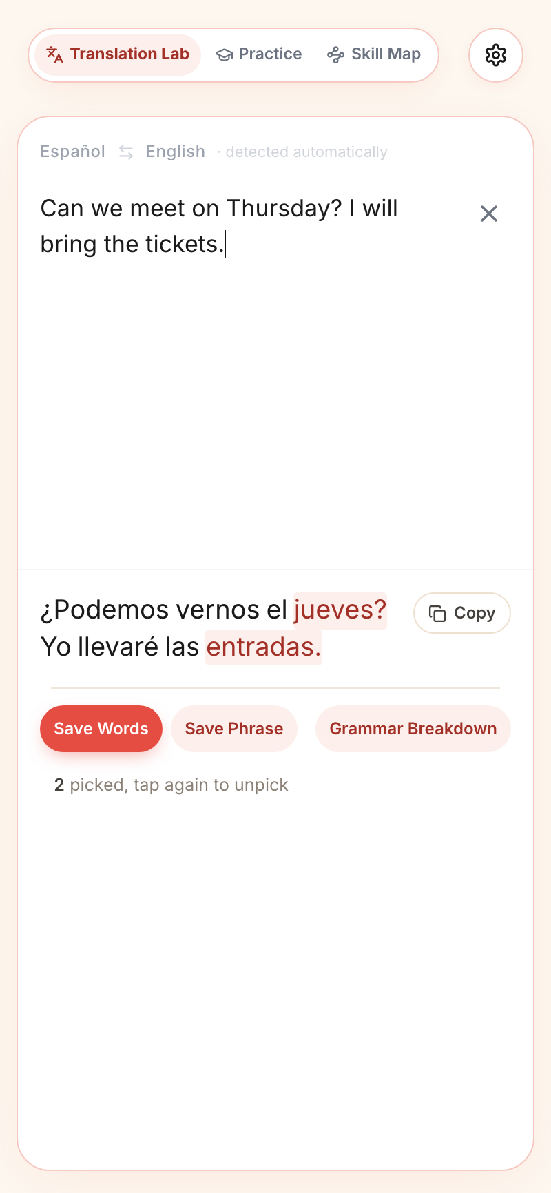 Two words picked in a translated sentence, ready to save