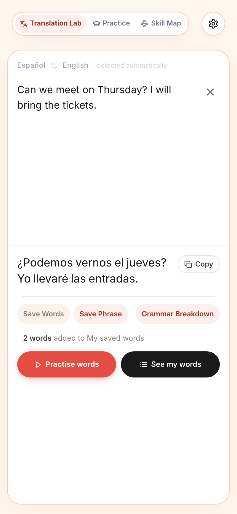 The Translation Lab: a sentence translated, two words saved, and a Practise words button
