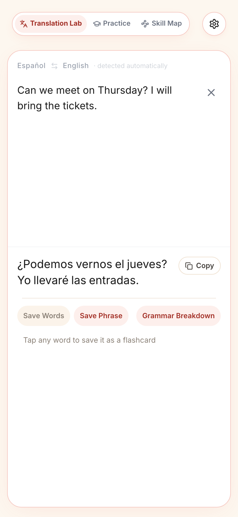 A translated sentence in the Translation Lab