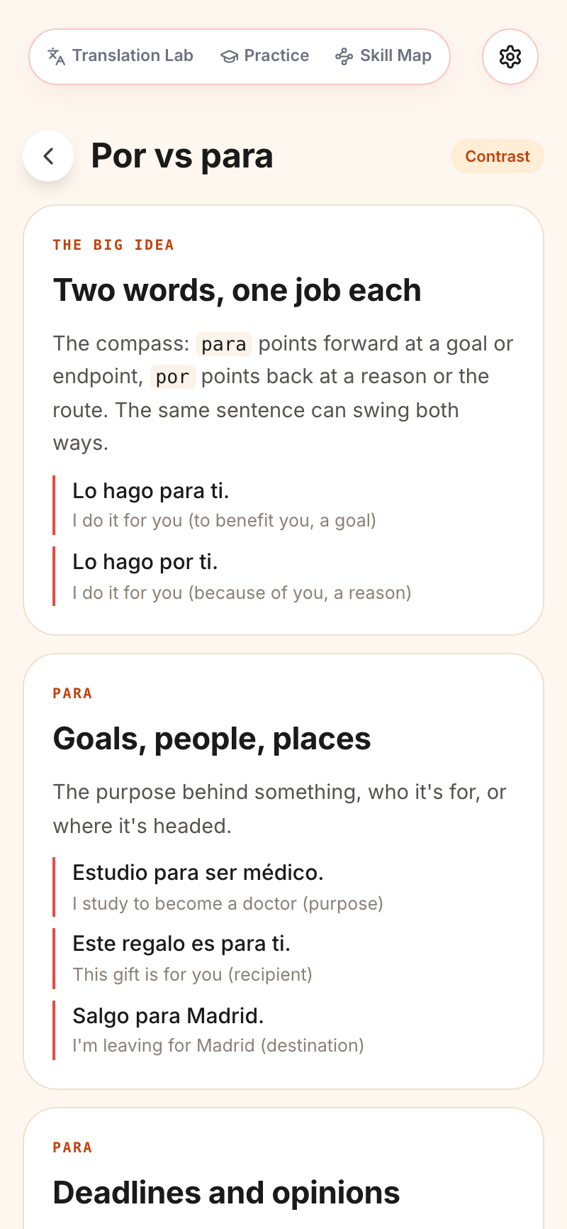 A lesson page: por vs para