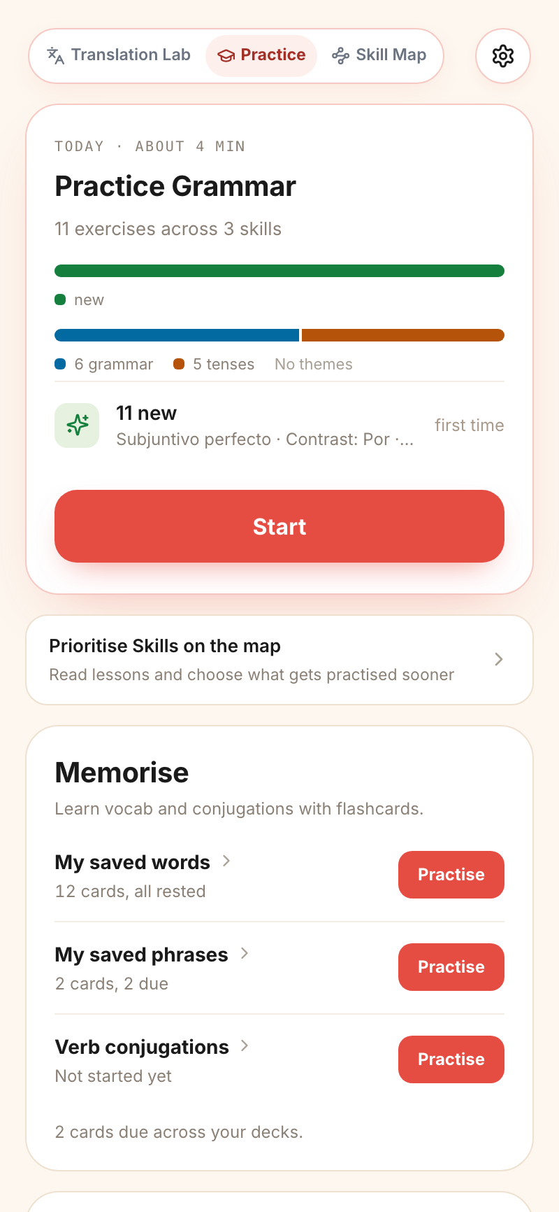 The Practice screen: today's exercises and three flashcard decks